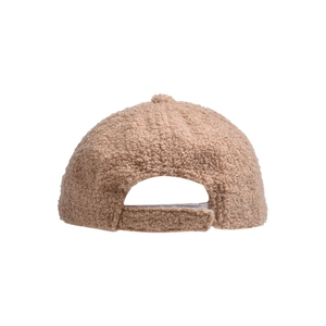 Detail view of the plush sherpa baseball cap back with a matching fuzzy adjustable strap