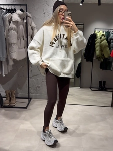 Women's white fleece sweatshirt with Paris embroidery and dark coffee leggings set