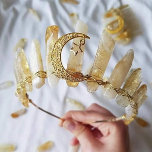 Handmade crown with natural citrine stones, moon charm and golden wire stars