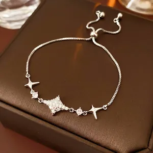 Adjustable silver star bracelet with sparkling zircon charms and box chain