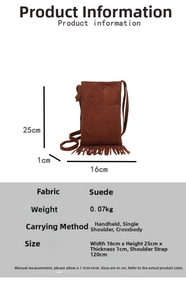 Detailed view of brown faux suede crossbody bag with long tassels and precise dimensions