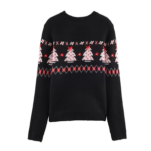 Women's black Christmas knit sweater with white tree jacquard patterns on white background