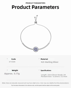 Detail of adjustable 925 sterling silver evil eye bracelet with blue and white zircons