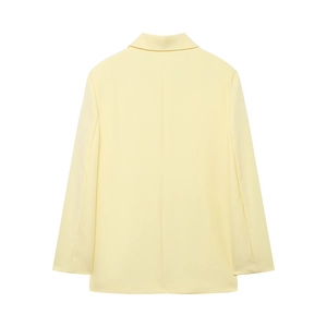 Pale yellow women's tailored suit blazer shown from a back view on a white background