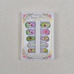 Almond press on nails set with 3D strawberry flowers and cute ladybug designs