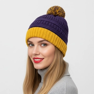 Bonnet Tricoté Beanie Acrylique Chaud Hiver Coupe-vent Couleur Contrastée Pompon Côtelé Décontracté Extérieur Femmes
