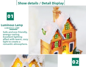 Close-up of resin Christmas house ornament with warm LED lights and glitter snow texture