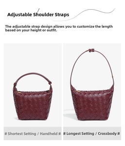 Detail of adjustable shoulder strap mechanism on a woven wine red faux leather handbag