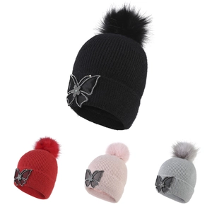 Women Knitted Beanie Hat Acrylic Warm Fleece Lined With Faux Fur Pom Pom Rhinestone Butterfly Decoration Winter Outdoor