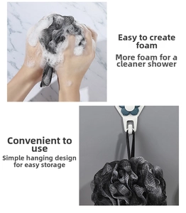 Macro view of foaming bamboo charcoal bath ball with hanging loop and wall hook detail