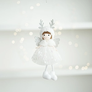 Detail view of plush white Christmas angel with silver antlers and sequin skirt