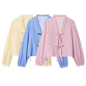 Striped Long Sleeve Poplin Blouse V Neck Bow Tie Front Button Casual Elegant Sweet Shirt For Women