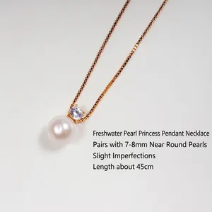 Classic freshwater pearl pendant necklace with gold chain and zircon stone 7-8mm