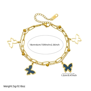 Double-layer gold plated stainless steel bracelet with butterfly charms and 18+6cm chain