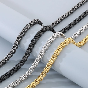 Handcrafted stainless steel Byzantine twist necklaces in gold, silver, gunmetal and black