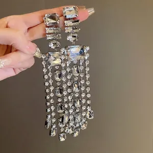 Rhinestone Tassel Drop Earrings With 925 Sterling Silver Earring Post Long Geometric Statement Party Jewelry For Women