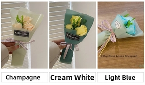 Drei realistische Seifenrosen in Champagner, Creme und Blau mit Klarsichtpapier