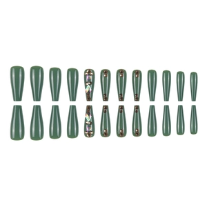 Dark green long coffin press-on nails set with glossy finish and crystal rhinestones