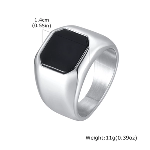 Detail view of silver stainless steel signet ring with black octagon face and dimensions