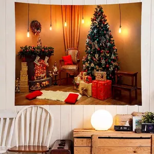 Detail of Christmas tapestry featuring a cozy fireplace, lit tree and red gift boxes