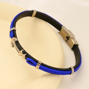 Bracelet ancre nautique avec corde tressée bleue, cuir noir et acier inoxydable argenté poli