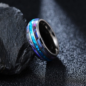 Bague Pour Hommes En Acier Inoxydable Avec Incrustation De Coquille D'abalone Et Opale Synthétique