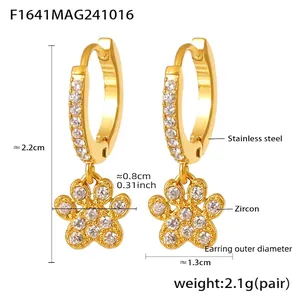 Cat paw drop earrings in gold stainless steel with cubic zirconia and size dimensions