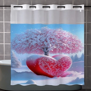 Detail of waffle shower curtain with pink snow tree and large red heart design