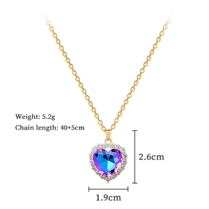 Detailed view of colorful heart pendant with crystals and dimensions for gold necklace