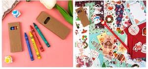 Détail du coffret journal de Noël DIY avec crayons, autocollants et étiquettes