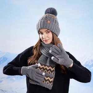 Winter knitted set with pompom beanie, scarf, and touch screen gloves in dark grey