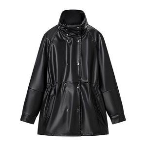 Veste en similicuir noir pour femme avec col montant et taille à cordon de serrage