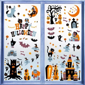 Halloween Window Stickers Static Cling PVC Double Sided Pumpkin Ghost Witch Bat Castle Decals For Glass Window Party Decor