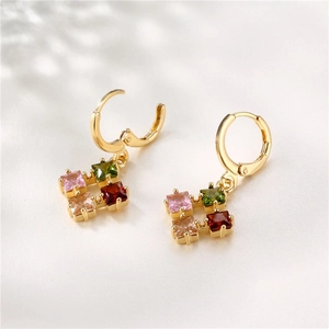 18K gold-plated earrings featuring four-color square zircon stones on soft silk background