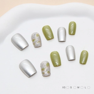 Handmade Press On Nails Green Cat Eye Silver Glitter Square Round Fashionable Elegant Manicure For Women