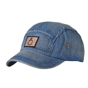 Vintage washed denim camper hat in deep blue with metal ring and front patch detail