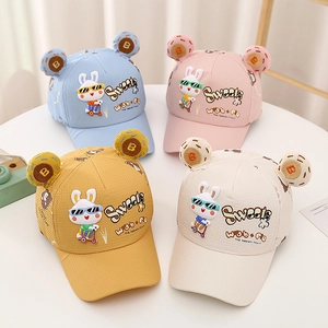 Detailed grid showing breathable mesh texture and cartoon rabbit embroidery on kid caps