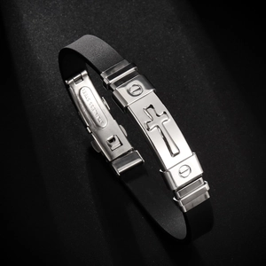 Men's black silicone bracelet with stainless steel cross plaque and screw details