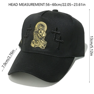 Detailed dimensions of black cotton baseball cap with golden religious embroidery