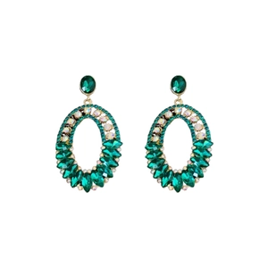 Vintage green oval stud earrings with clear crystals in a gold-plated setting