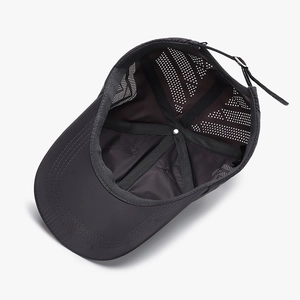 Breathable quick-dry black baseball cap with laser-cut holes and adjustable back strap