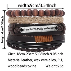 Detail of vintage multilayer leather bracelets with wood beads and engraved metal plaque