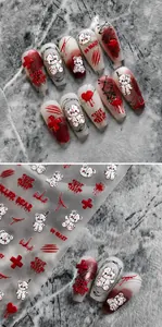 Macro detail of Halloween killer bear nail stickers with bloody effects and dark art motifs