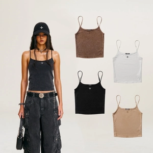 Women Vintage Camisole Tank Top Cotton Slim Fit Thin Straps Cropped Cross Print Washed Y2K Streetwear