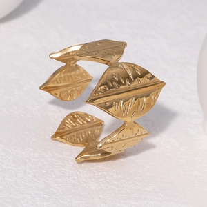 Adjustable golden stainless steel leaf ring with detailed leaf texture for women