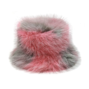Close-up of pink and grey faux fur texture on a warm winter bucket hat for women