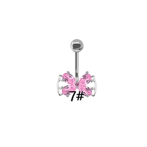 Pink butterfly belly button ring in silver steel with sparkling zircon stones