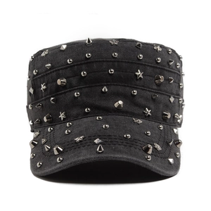 Black cotton military flat top cap with silver metal punk rivets and star studs