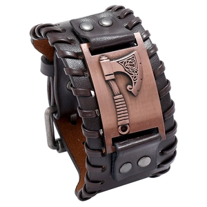Men's Viking axe leather bracelet with vintage bronze metal relief and braided texture