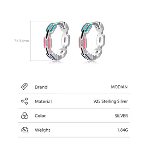 S925 sterling silver colorful enamel chain hoop earrings with rectangle link design